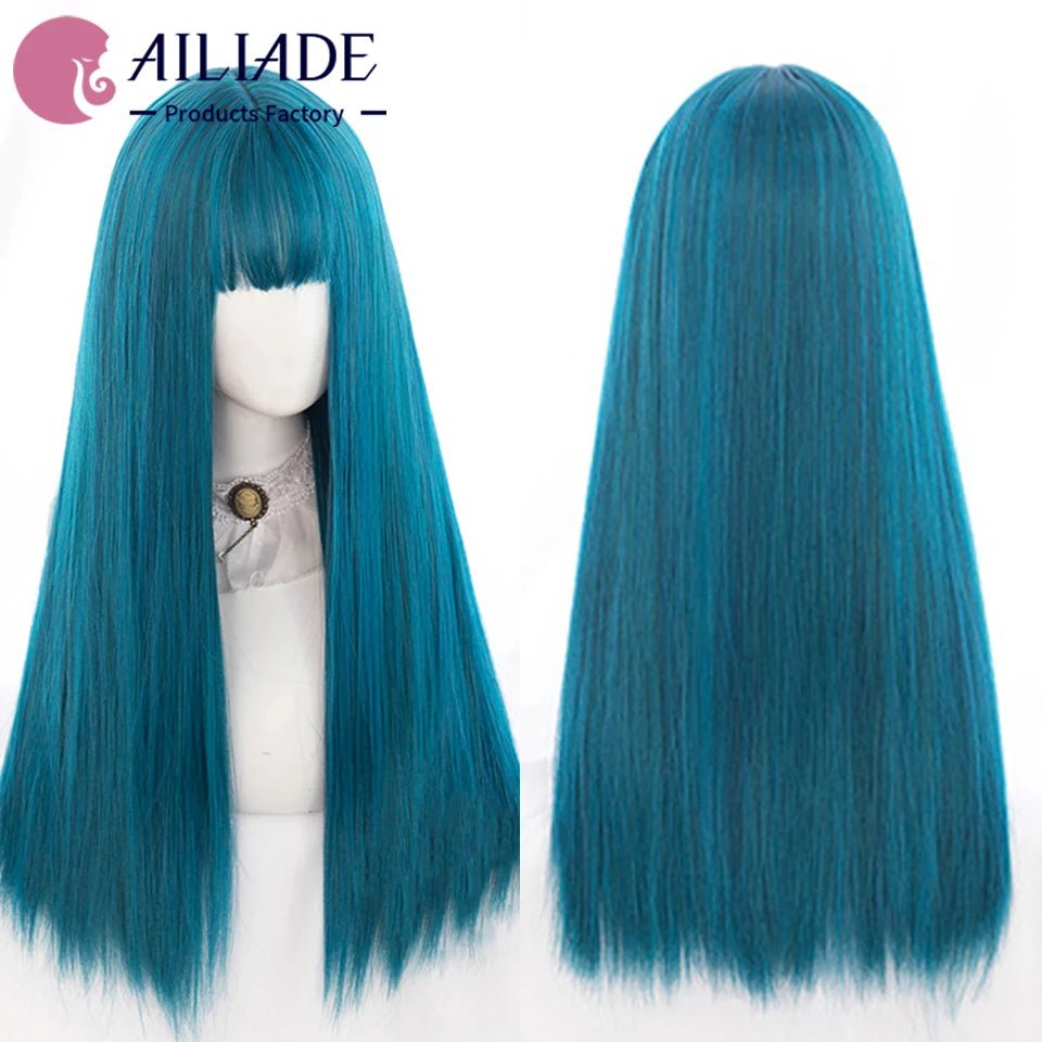 AILIADE Long Straight Blue Wigs Natural Synthetic Hair with Bangs Heat Resistant Wigs for Women Girls Cosplay Lolita Party [LOL]