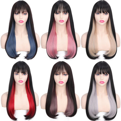 AILIADE Long Straight Blue Wigs Natural Synthetic Hair with Bangs Heat Resistant Wigs for Women Girls Cosplay Lolita Party [LOL]