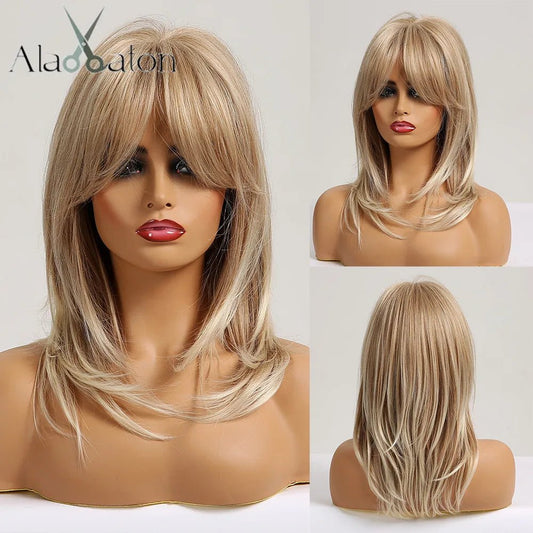 ALAN EATON Medium Wavy Synthetic Ombre Natural Blonde Ash Hair Wigs with Bangs for Women Afro Daily Lolita Cosplay Party Wig [LOL]