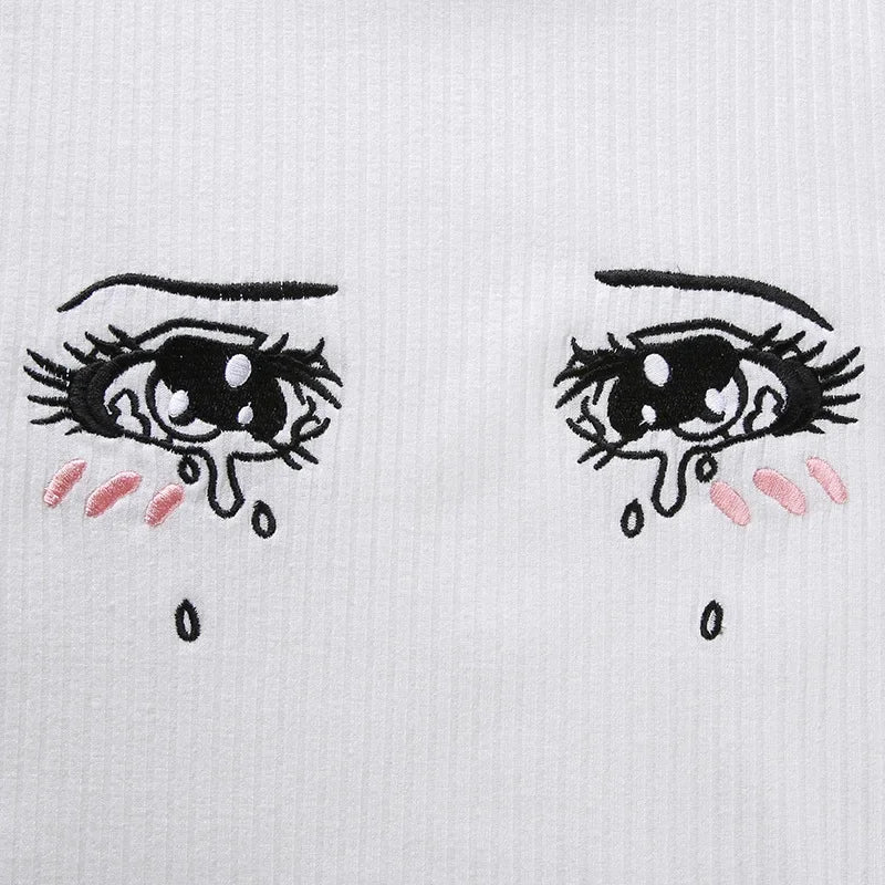 Anime Girls Cosplay Vest Pullovers Cartoon Embroidery Cute Crying Eye Lolita Costume Women Open Navel Thin Short Sleeve [LOL]