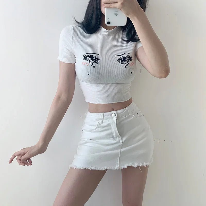 Anime Girls Cosplay Vest Pullovers Cartoon Embroidery Cute Crying Eye Lolita Costume Women Open Navel Thin Short Sleeve [LOL]