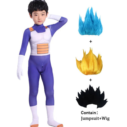 Anime Kids Vegeta Cosplay Costume Suit Superhero Adult Jumpsuit Wig Blue Gold Black Halloween Carnival [COS]