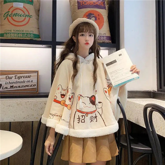 Autumn and winter cute cat ears Harajuku trend swag velvet thickened student lolita female Japanese soft girl warm cloak shawl [LOL]