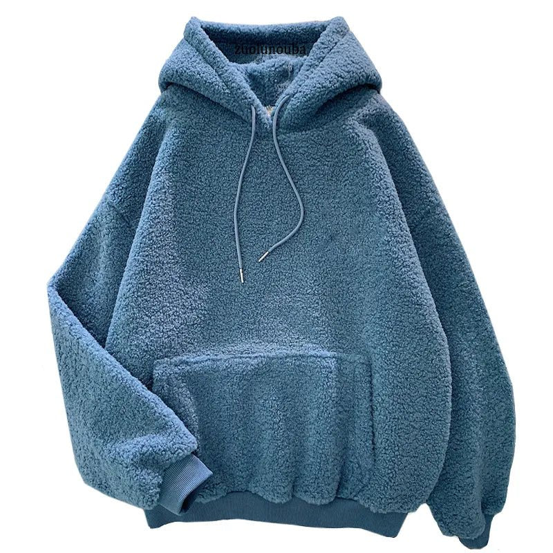 Autumn Winter Thick Warm Coat Velvet Cashmere Women Hoody Sweatshirt Solid Blue Pullover Casual Tops Lady Loose Long Sleeve [MEN]