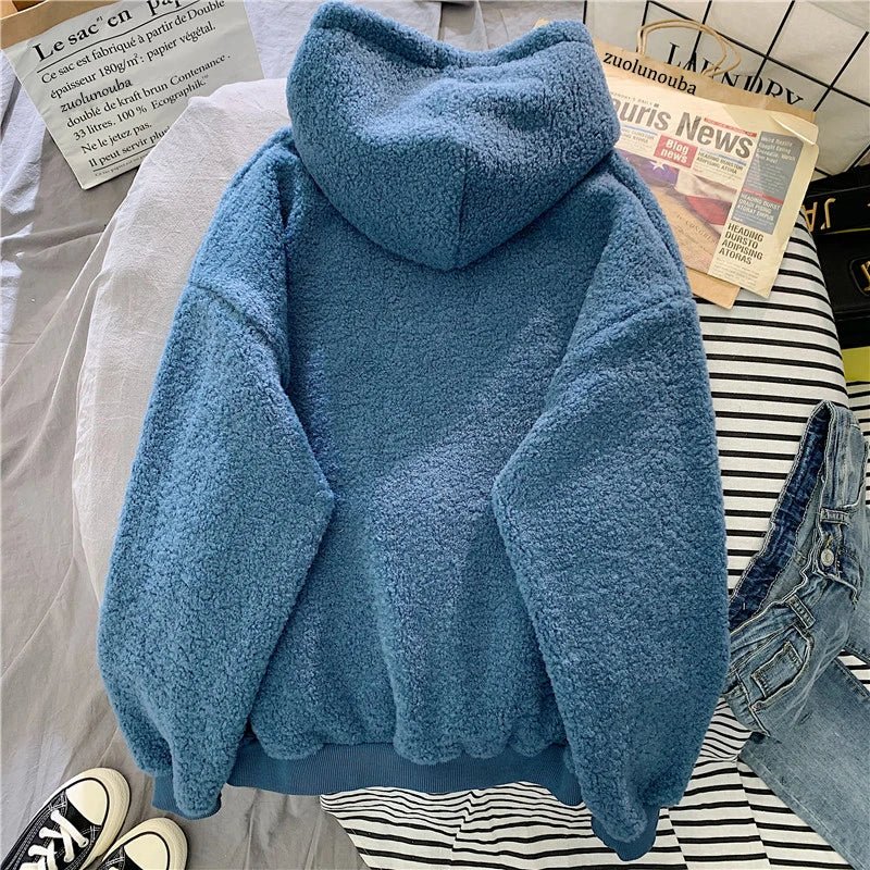 Autumn Winter Thick Warm Coat Velvet Cashmere Women Hoody Sweatshirt Solid Blue Pullover Casual Tops Lady Loose Long Sleeve [MEN]