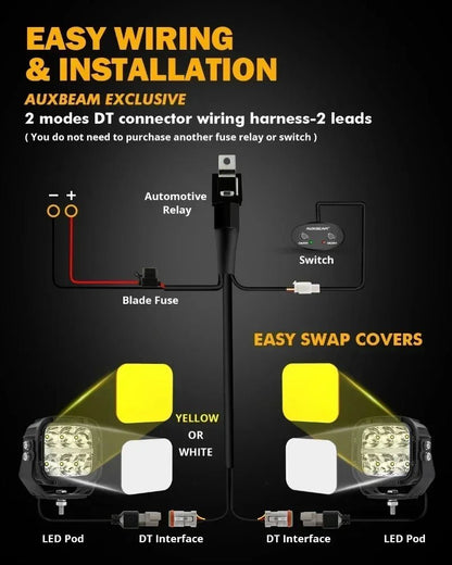 AUXBEAM LED Driving Lights 5 inch 132W Work Light Spot Flood Combo Beam Offroad LED POD Lamp DRL with DT Plug Wiring Harness [CAR]