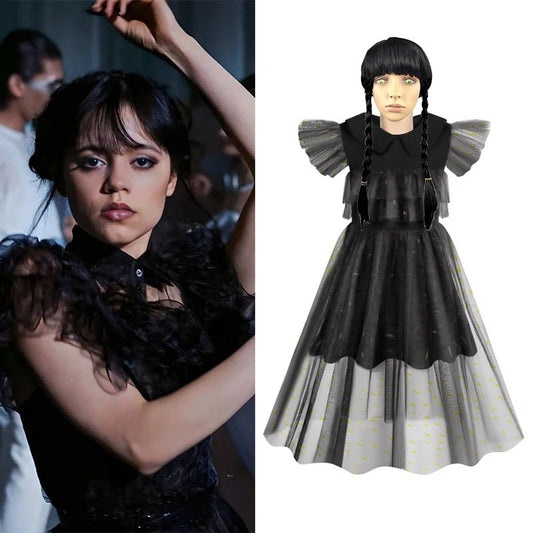 Baby Girls Wednesday Addams Cosplay Costume Ball Dress Outfits for Kids Halloween Evening Birthday Party Roleplay [COS]