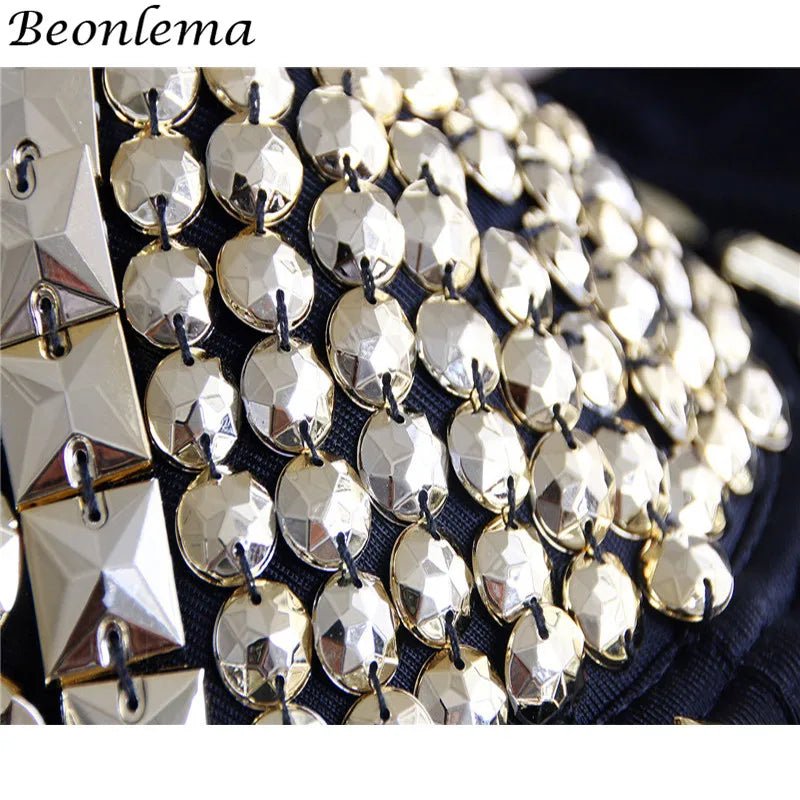 BEONLEMA Steampunk Corset Sexy Gold Silver Spike Bra Punk Goth Lenceria Shiny Bra Top 4 Rows Hooks Eyes for Women Club Wear [GRM] [UND]
