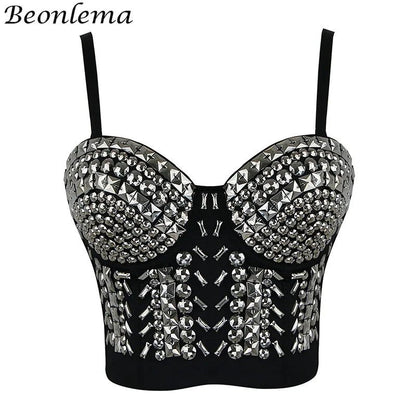 BEONLEMA Steampunk Corset Sexy Gold Silver Spike Bra Punk Goth Lenceria Shiny Bra Top 4 Rows Hooks Eyes for Women Club Wear [GRM] [UND]