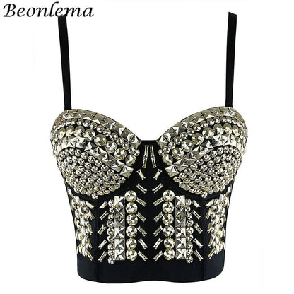 BEONLEMA Steampunk Corset Sexy Gold Silver Spike Bra Punk Goth Lenceria Shiny Bra Top 4 Rows Hooks Eyes for Women Club Wear [GRM] [UND]