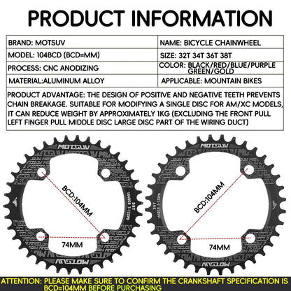 Bicycle Crank 104BCD Round Shape Narrow Wide 32T/34T/36T/38T MTB Chainring Bicycle Chainwheel Bike Circle Crankset Single Plate [SPT]