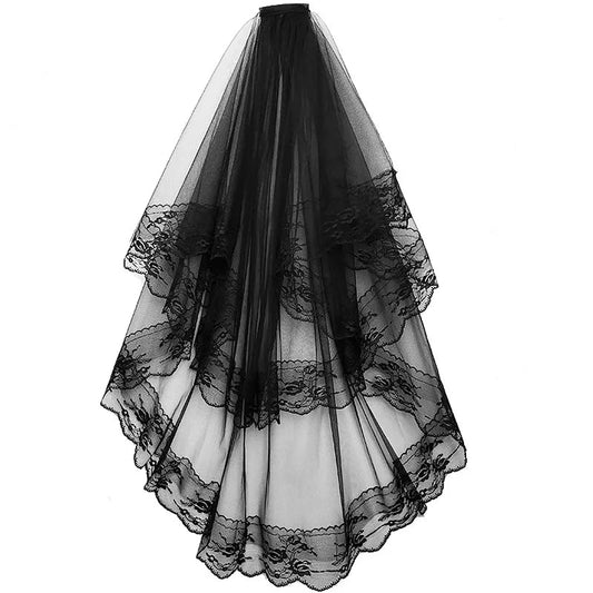 Black White Lace Bridal Veils with Comb Short Two Layer Elegant Vintage Wedding Veils for Bride Cosplay Costume Hair Accessories [COS]