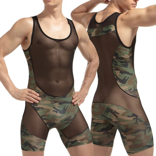 Bodysuit Siamese Underwear Panties Shapers Buttons Wrestling suit Breathable Mesh Mens Underwear Camouflage transparent Bodywear [GRM] [UND]