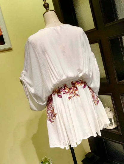 Boho dress sexy dress summer beach style cotton embroidered deep V-neck drawstring Waist half Sleeve mini women brand clothing [WOM]