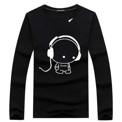 Brand Hot Sale Fashion Men Long Sleeve T-Shirt Casual Rock Headset Earphone Dogs Music Printing Tops Cool O-neck tees [MEN]