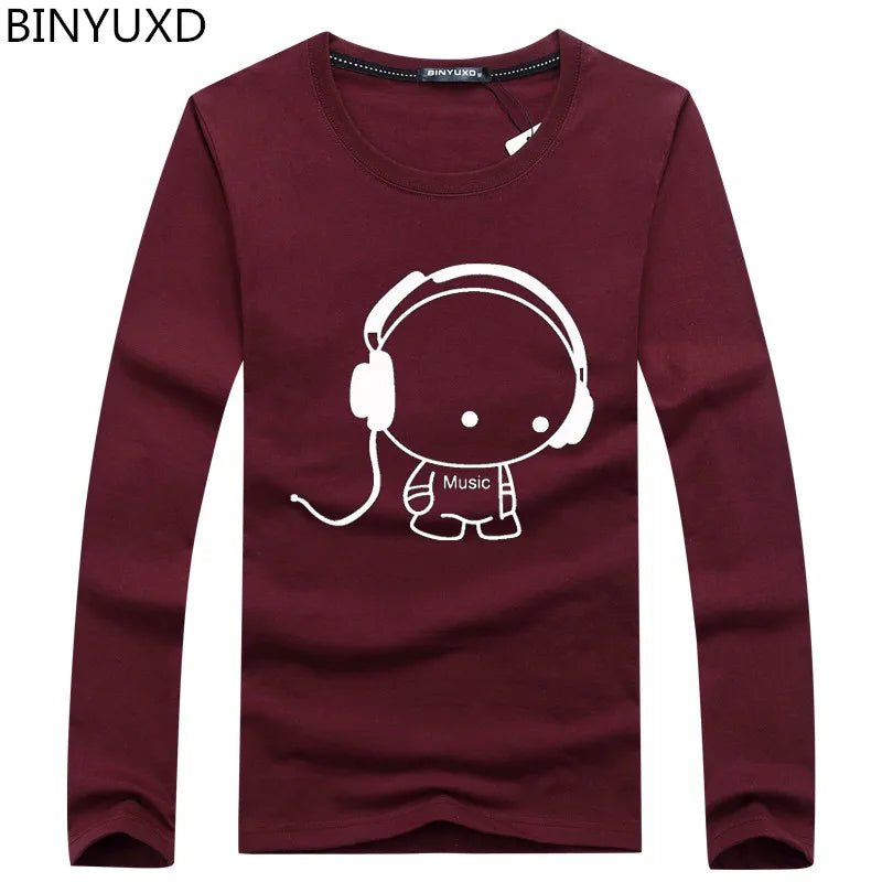 Brand Hot Sale Fashion Men Long Sleeve T-Shirt Casual Rock Headset Earphone Dogs Music Printing Tops Cool O-neck tees [MEN]