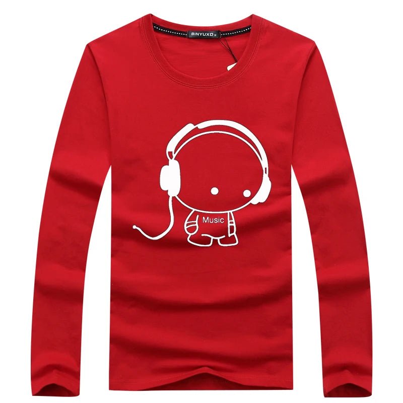 Brand Hot Sale Fashion Men Long Sleeve T-Shirt Casual Rock Headset Earphone Dogs Music Printing Tops Cool O-neck tees [MEN]