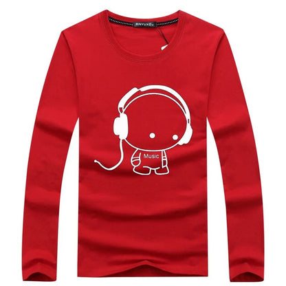 Brand Hot Sale Fashion Men Long Sleeve T-Shirt Casual Rock Headset Earphone Dogs Music Printing Tops Cool O-neck tees [MEN]