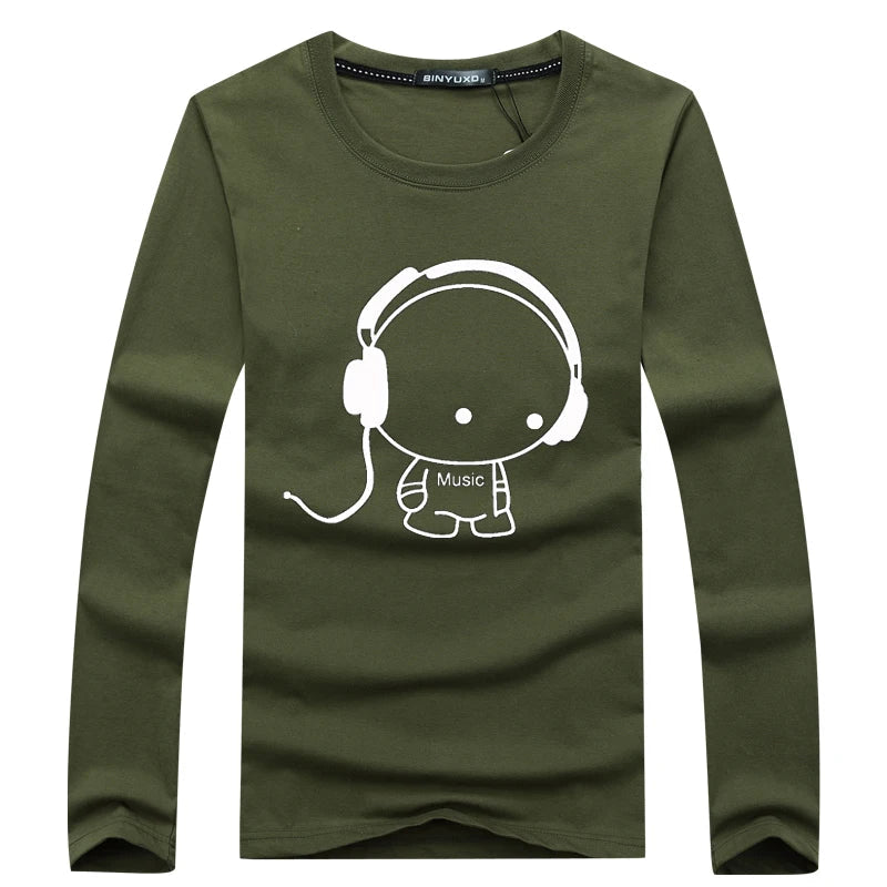 Brand Hot Sale Fashion Men Long Sleeve T-Shirt Casual Rock Headset Earphone Dogs Music Printing Tops Cool O-neck tees [MEN]