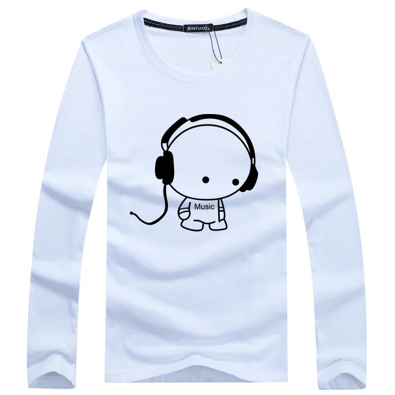 Brand Hot Sale Fashion Men Long Sleeve T-Shirt Casual Rock Headset Earphone Dogs Music Printing Tops Cool O-neck tees [MEN]