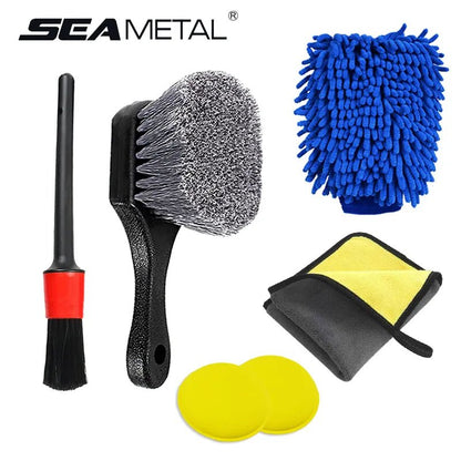 Car Wheel Brush Set Tire and Rim Cleaning Brush Car Detailing Washing Kit Tools Include Car Wash Glove Sponge Towel [CAR] [DTL]