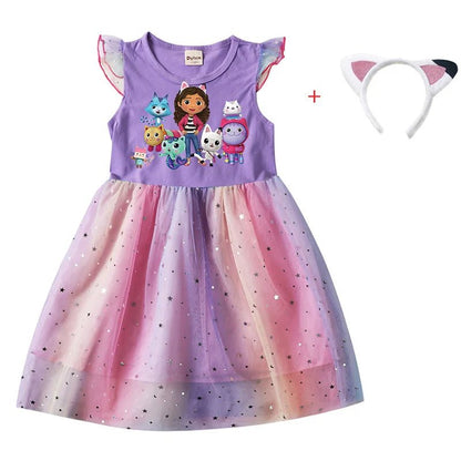 Cartoon Gabby Cats Baby Girl Dresses Kids Gabby's Doll House Clothes Cosplay Costume Children Fly Sleeve Casual Dress + Headband [COS]