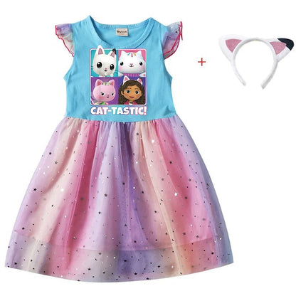 Cartoon Gabby Cats Baby Girl Dresses Kids Gabby's Doll House Clothes Cosplay Costume Children Fly Sleeve Casual Dress + Headband [COS]