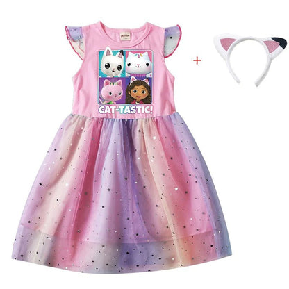 Cartoon Gabby Cats Baby Girl Dresses Kids Gabby's Doll House Clothes Cosplay Costume Children Fly Sleeve Casual Dress + Headband [COS]