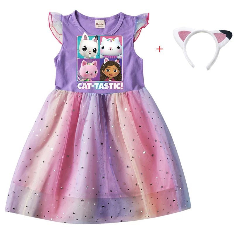 Cartoon Gabby Cats Baby Girl Dresses Kids Gabby's Doll House Clothes Cosplay Costume Children Fly Sleeve Casual Dress + Headband [COS]